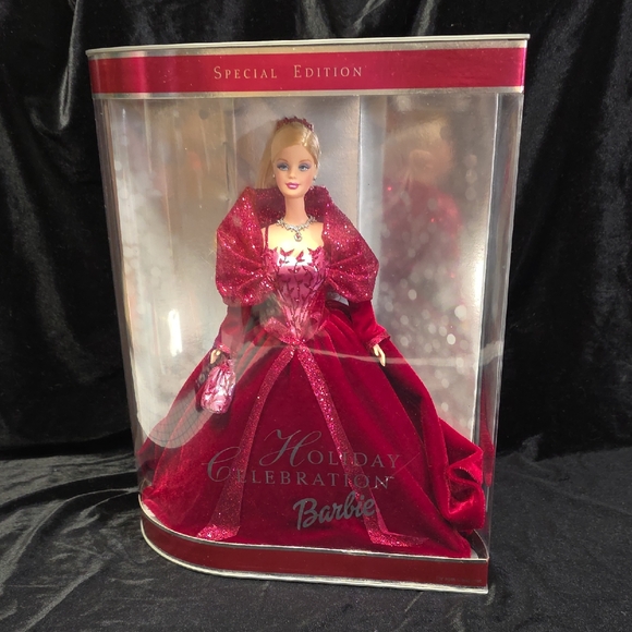 sachin and babi light blue dress Vintage 1996 Happy Holiday Barbie Doll: Red Velvet Dress, Original Stand